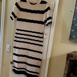 NWT-Nanette Lepore Black and Cream Striped Midi Dress